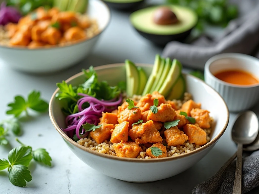Buffalo chicken quinoa bowls stored for easy meal prep