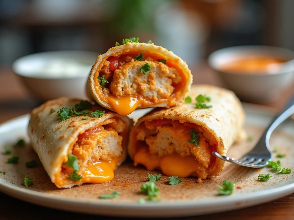 Golden buffalo chicken burritos served with ranch and buffalo sauce