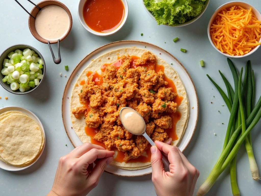 Ingredients for easy buffalo chicken burritos arranged for cooking