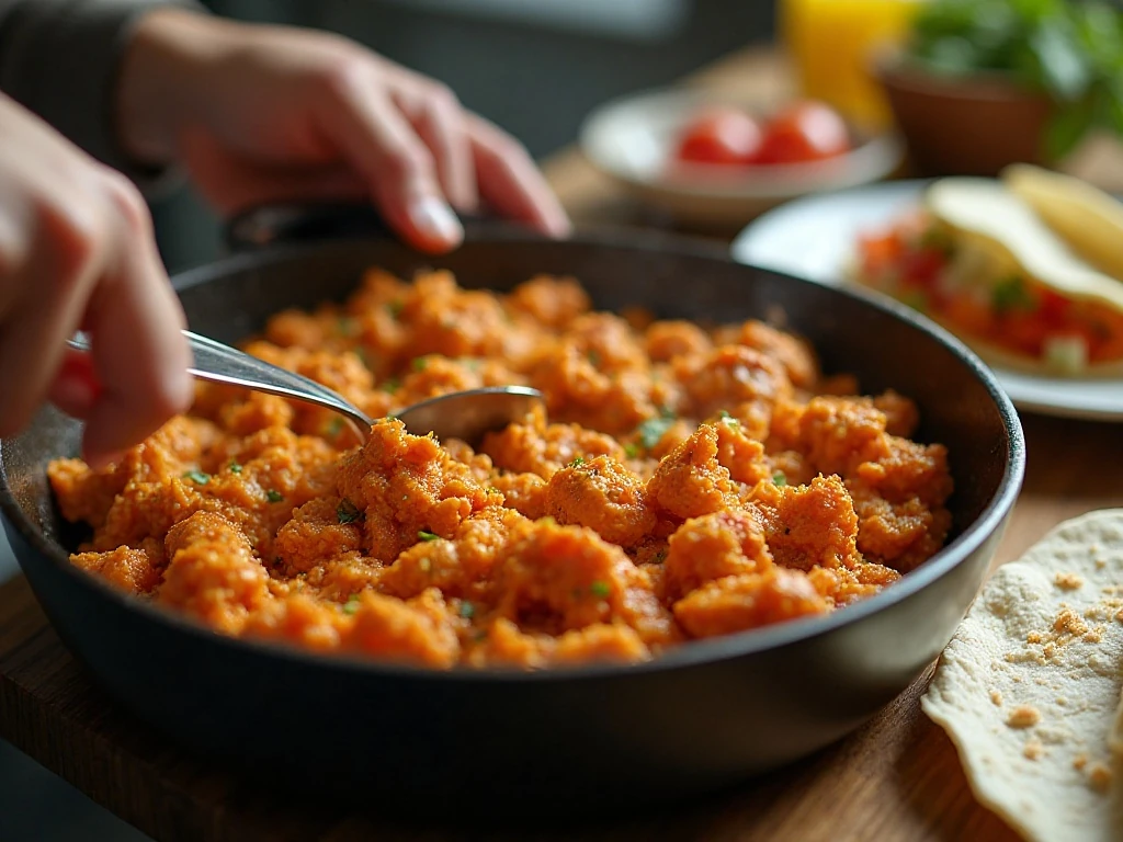 Buffalo chicken warming in a skillet before burrito assembly