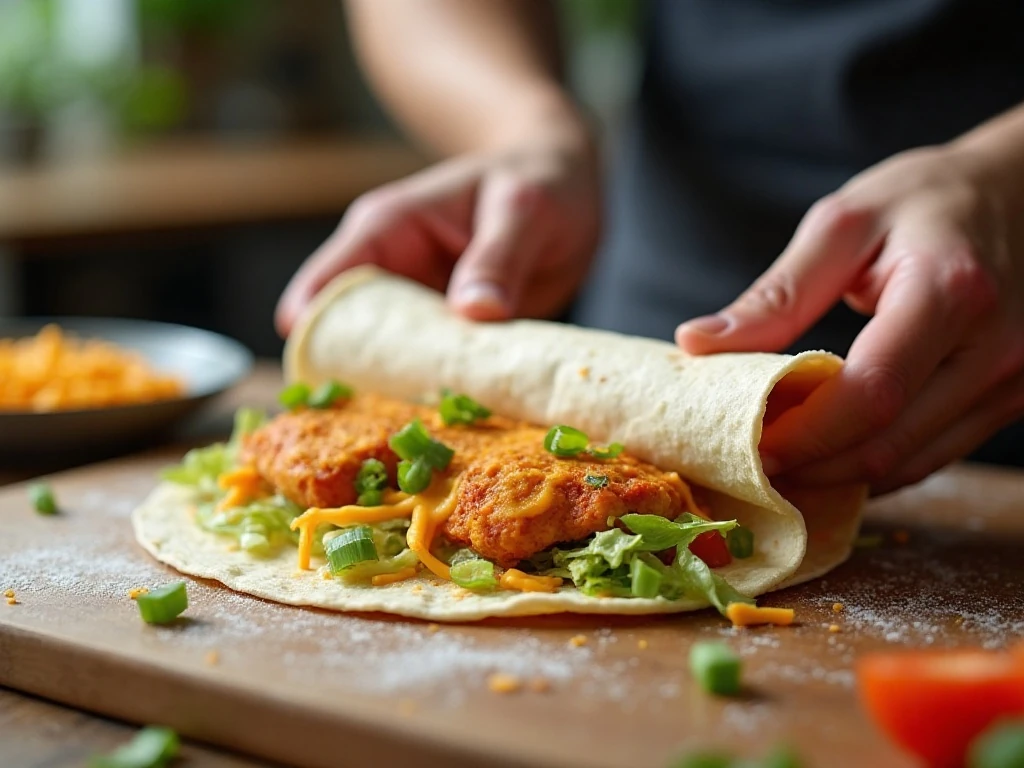 Folding a flour tortilla around buffalo chicken burrito fillings