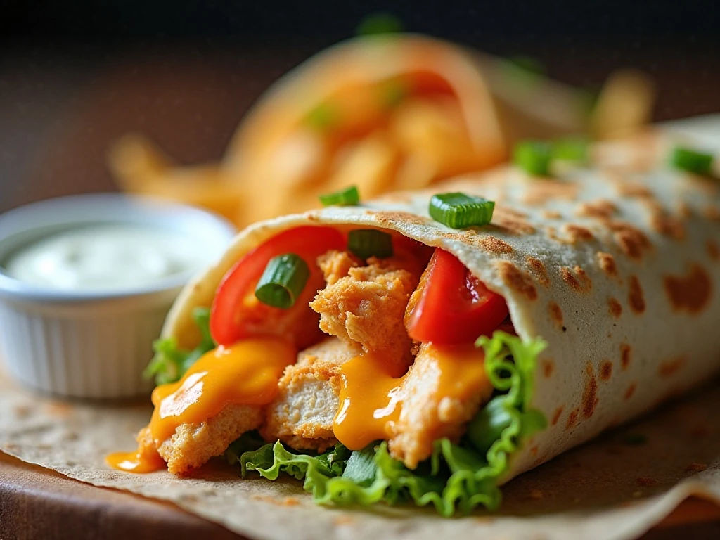 Toasted buffalo chicken burrito sliced open with fresh garnish and ranch