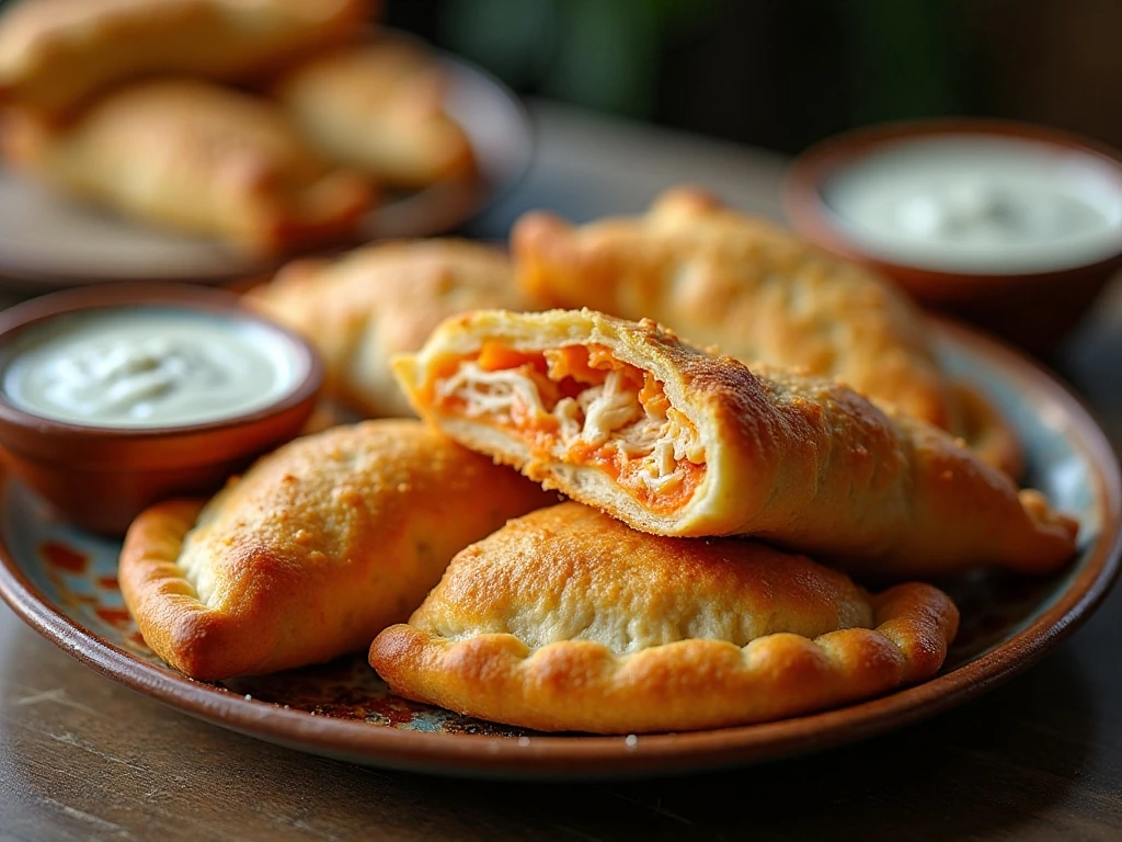 Golden Buffalo chicken calzones served with ranch and blue cheese dressing