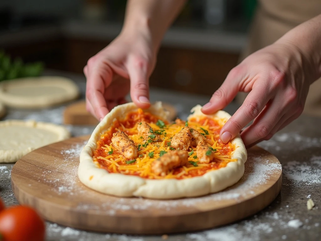 Filling pizza dough with Buffalo chicken mixture for calzones