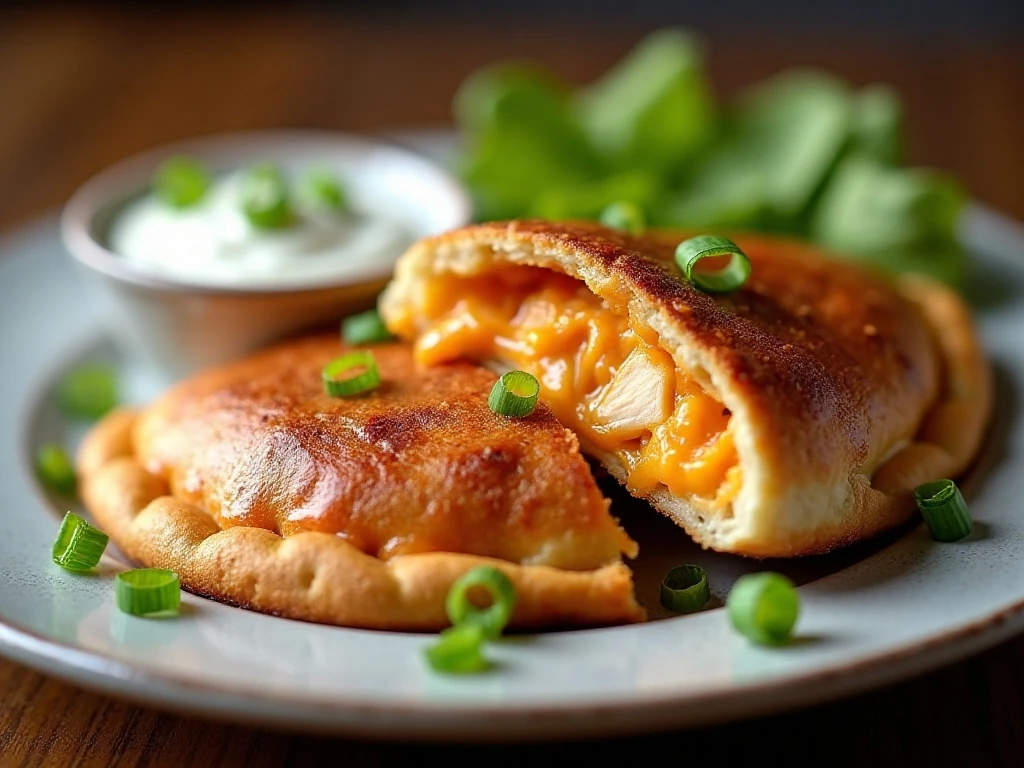 Sliced reheated Buffalo chicken calzone with green onions and ranch