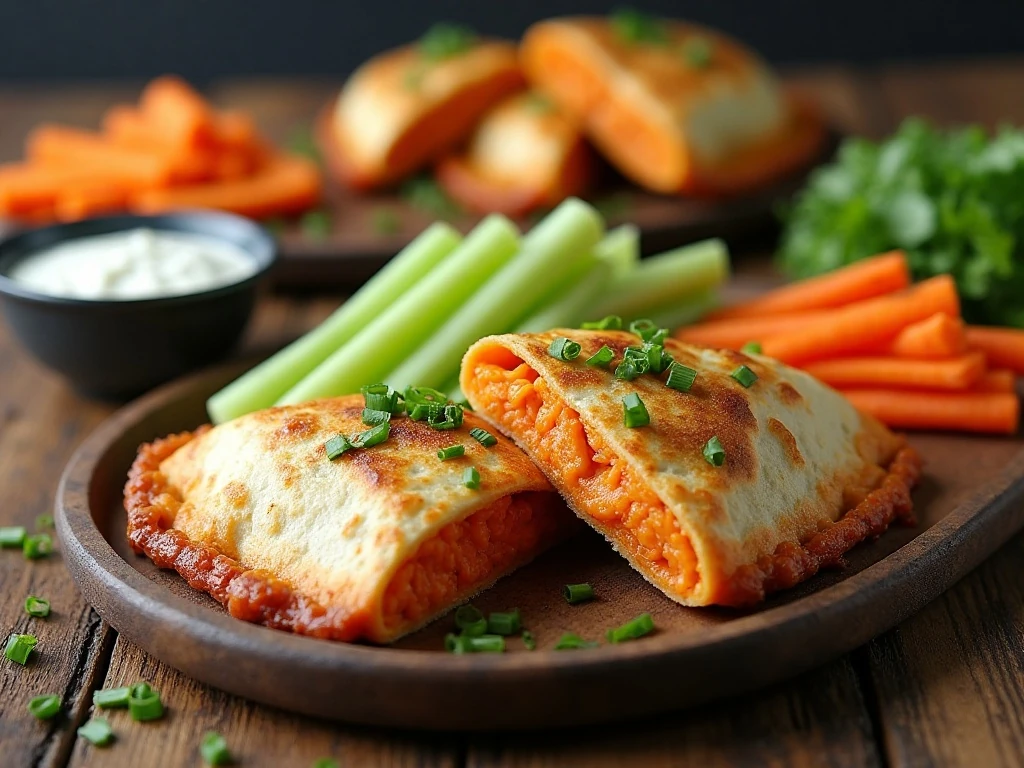 Buffalo chicken calzone dinner with vegetables and dipping sauces
