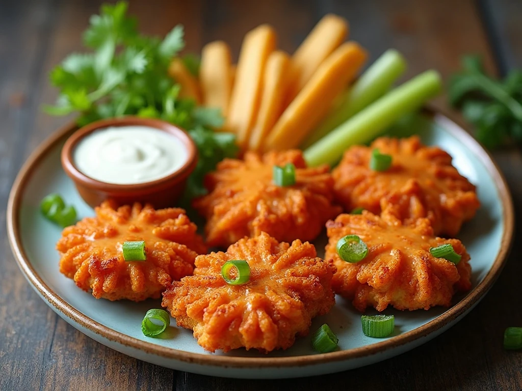 Crispy buffalo chicken chaffles served with ranch dressing and celery
