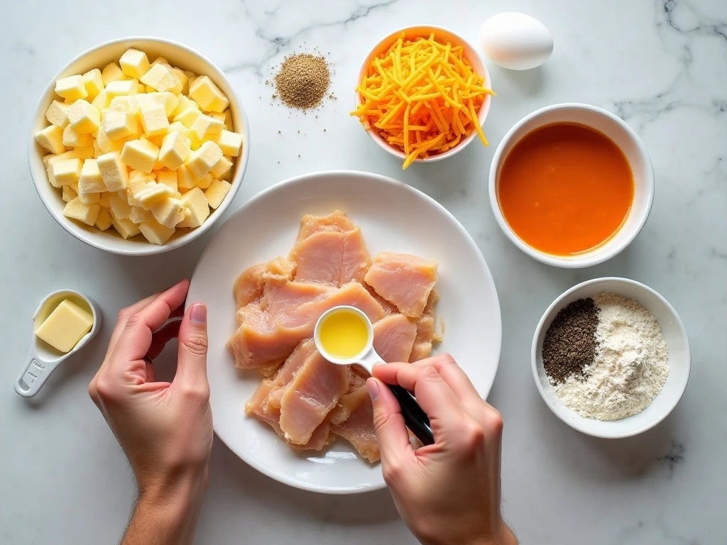 Ingredients for buffalo chicken chaffles arranged for cooking