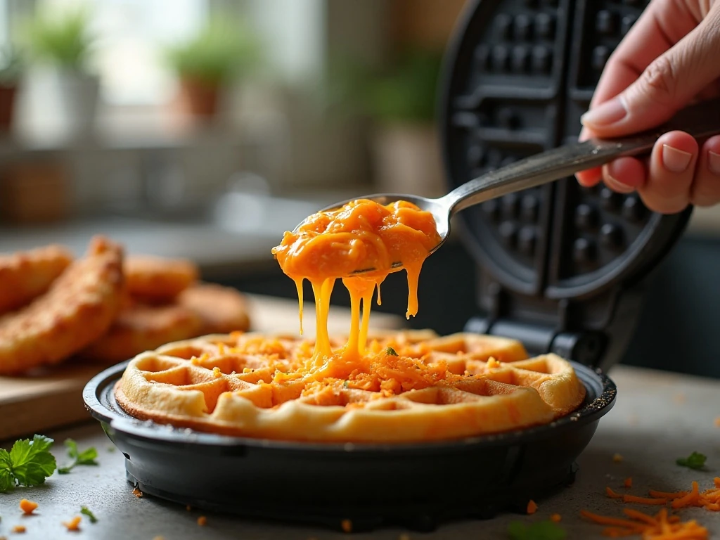 Buffalo chicken chaffle mixture being added to a waffle maker