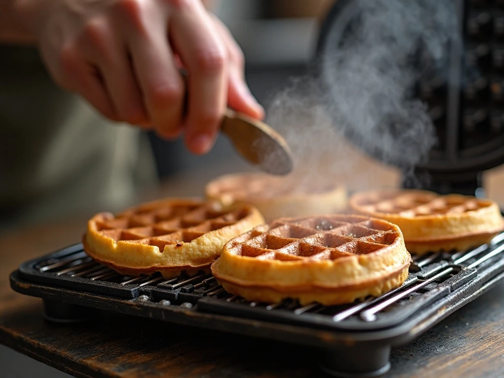 Freshly cooked chaffles cooling on a wire rack for crispness