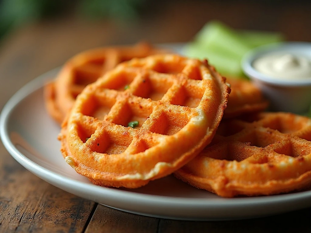 Reheated buffalo chicken chaffles ready to serve
