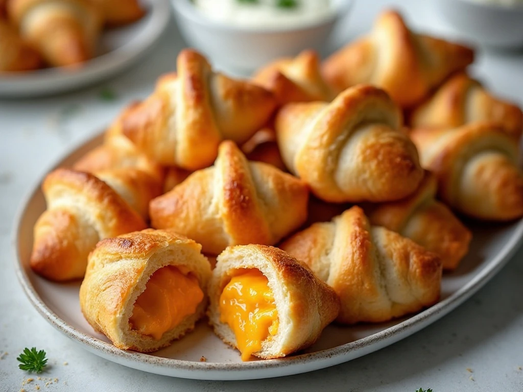 Golden buffalo chicken crescent bites served with dipping sauces