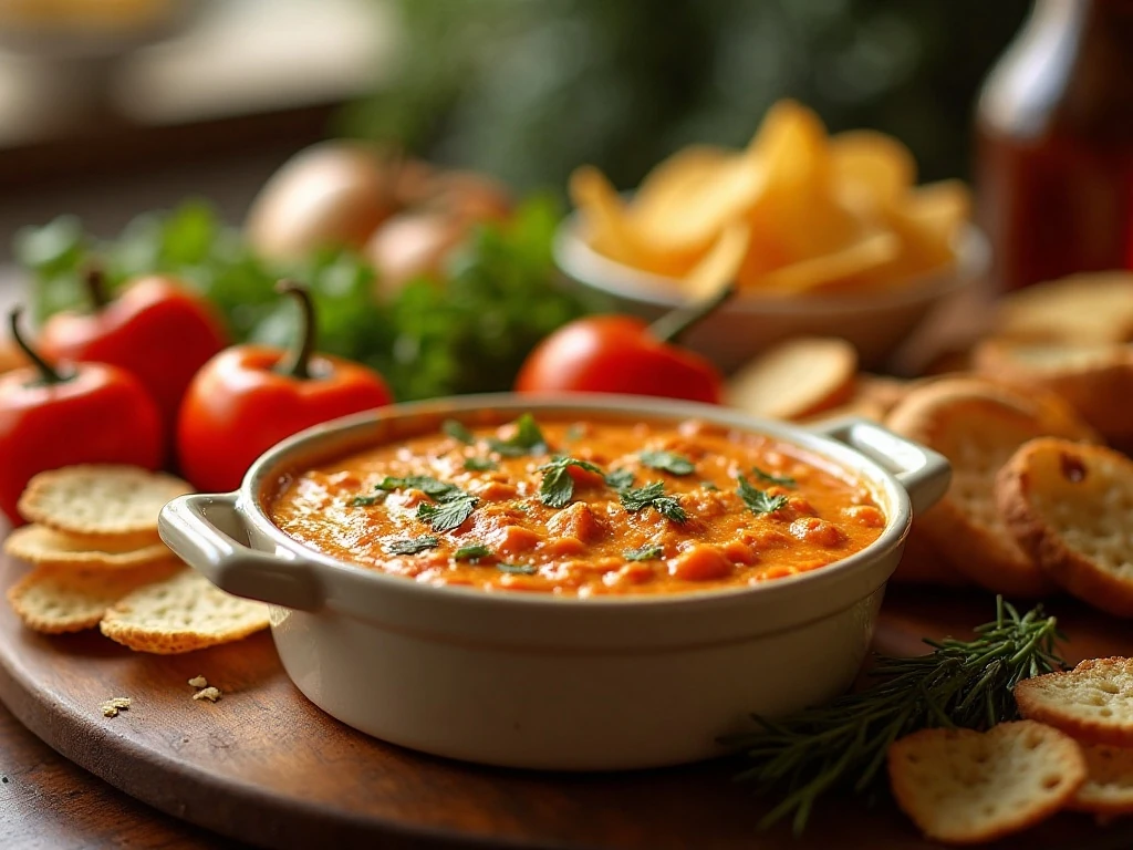 Creamy Buffalo chicken dip served with vegetables and chips