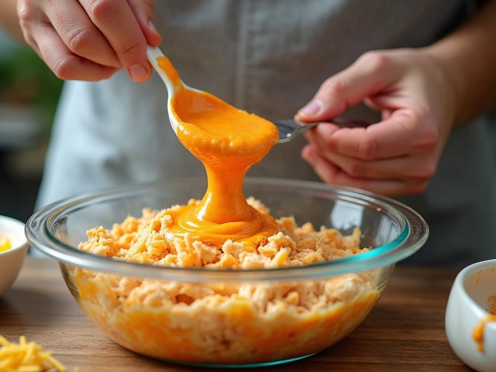 Mixing ingredients for Buffalo chicken dip before baking