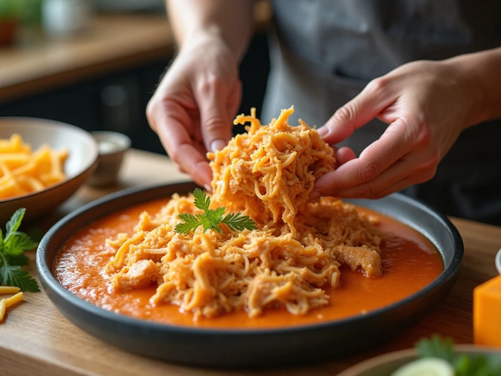 Finely shredded chicken folded into creamy Buffalo dip mixture
