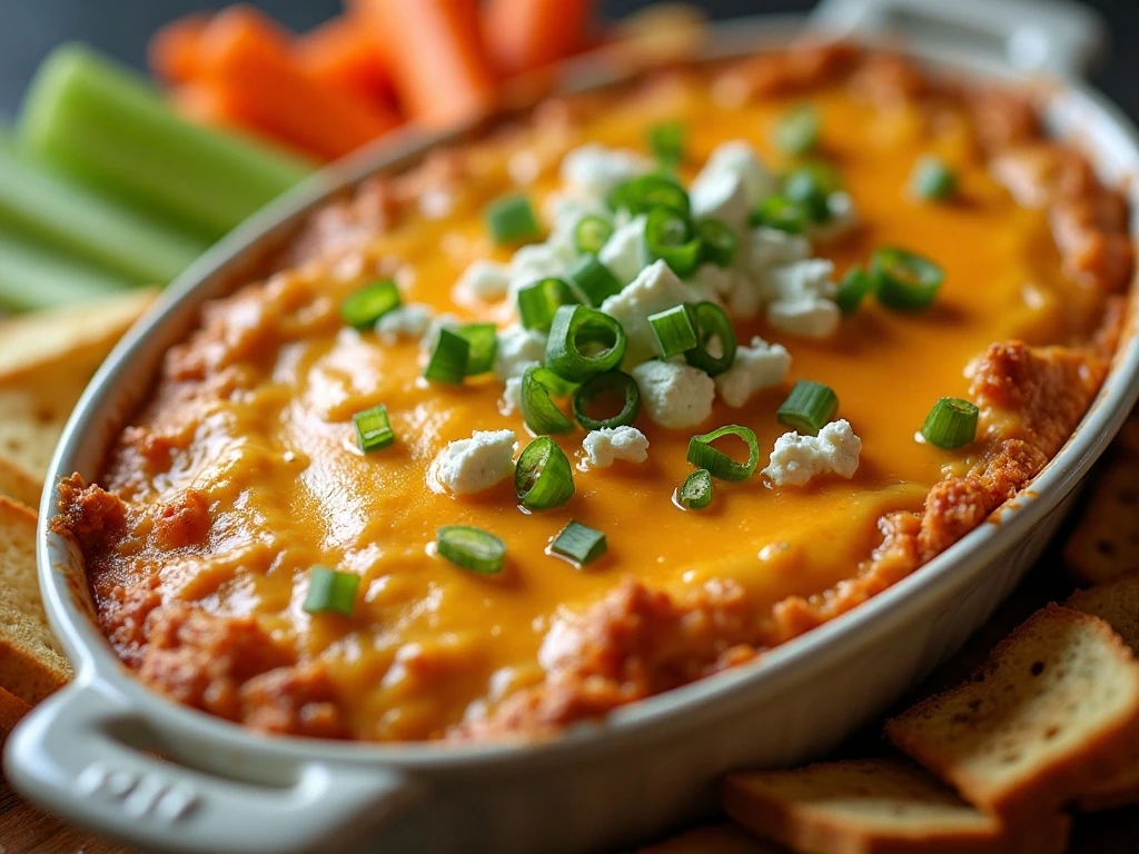 Buffalo chicken dip garnished with green onions and served with dippers