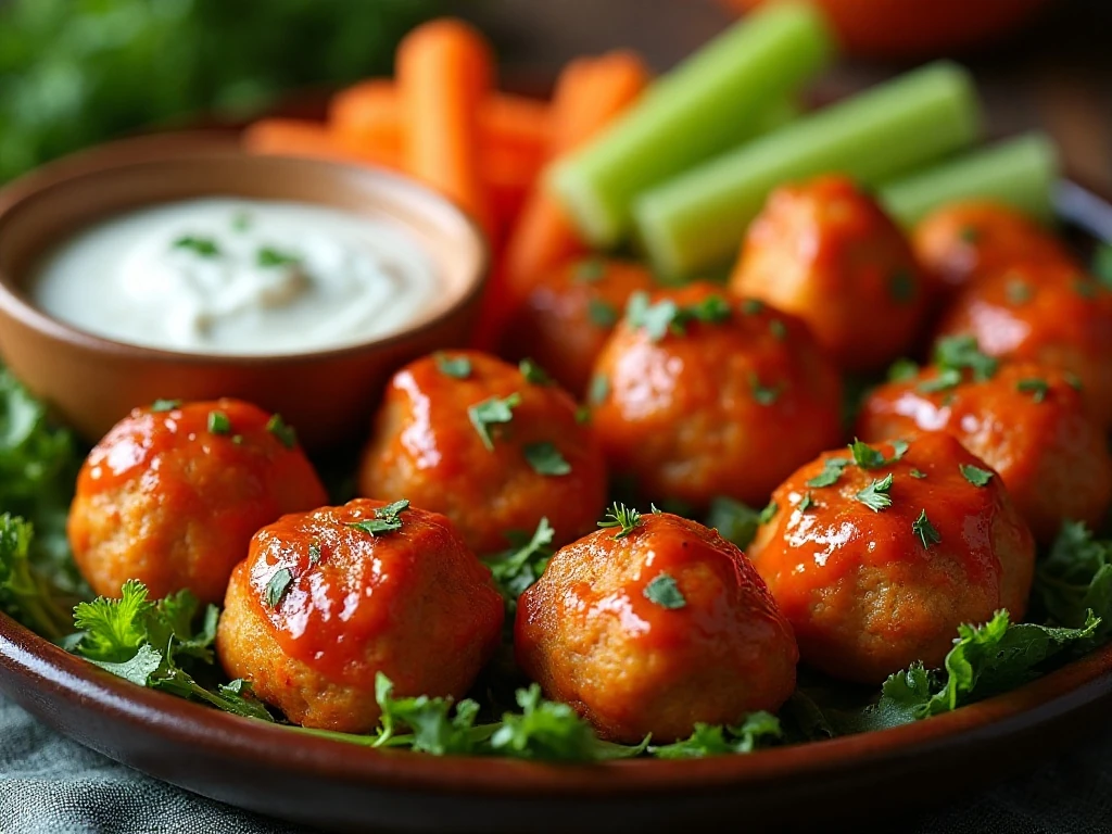 Baked Buffalo chicken meatballs served with ranch, blue cheese, celery, and carrots