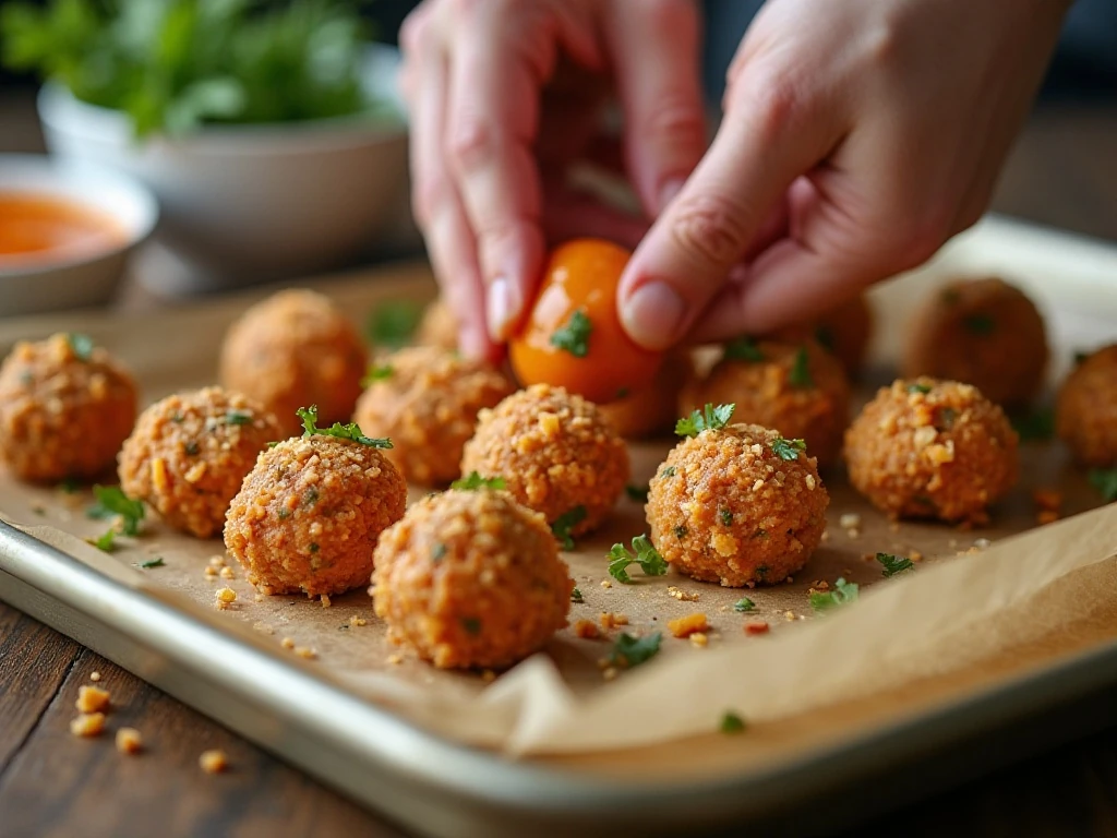 Portioning Buffalo chicken meatballs before baking
