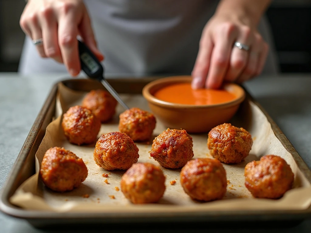 Checking Buffalo chicken meatballs for a safe internal temperature