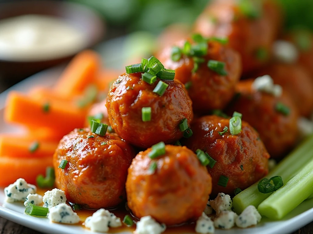 Buffalo chicken meatballs garnished with green onion and served with dipping sauce