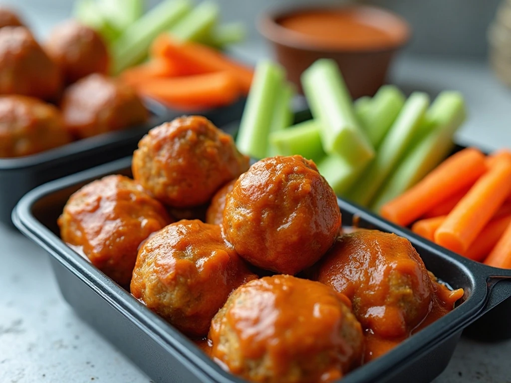 Buffalo chicken meatballs prepared for storage and reheating