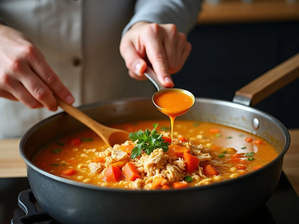 Cooking Buffalo chicken soup in a large pot
