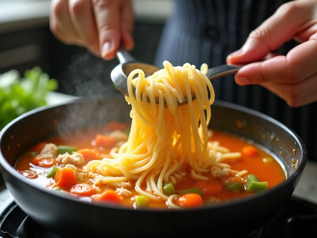 Adding egg noodles near the end of cooking