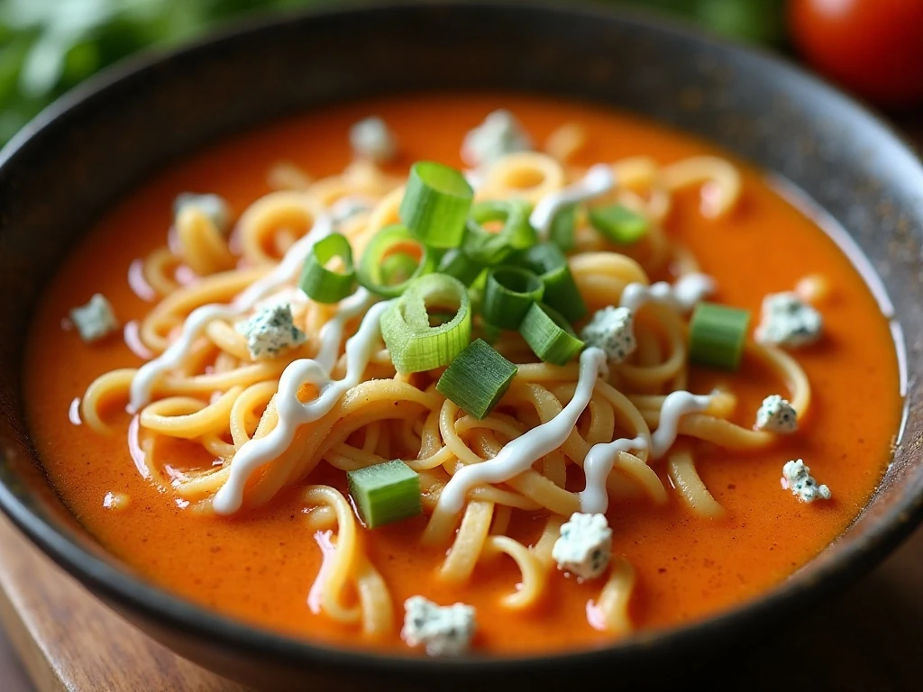 Buffalo chicken noodle soup with ranch, green onions, and blue cheese