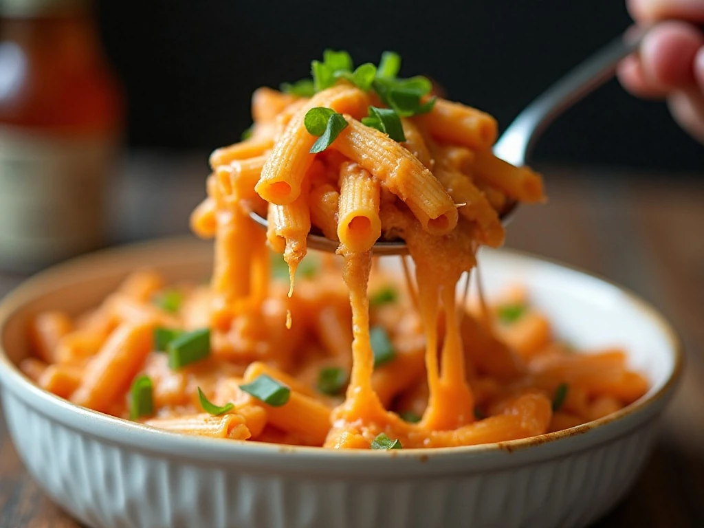 Creamy Buffalo chicken pasta bake served with green onions