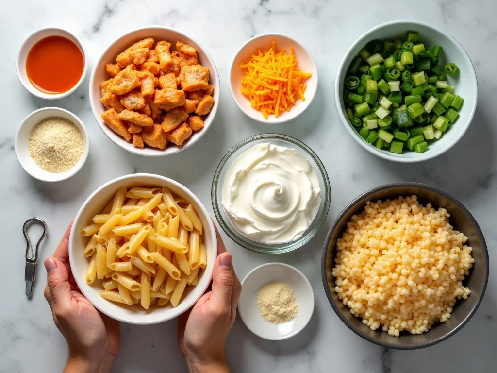 Ingredients for easy creamy Buffalo chicken pasta bake