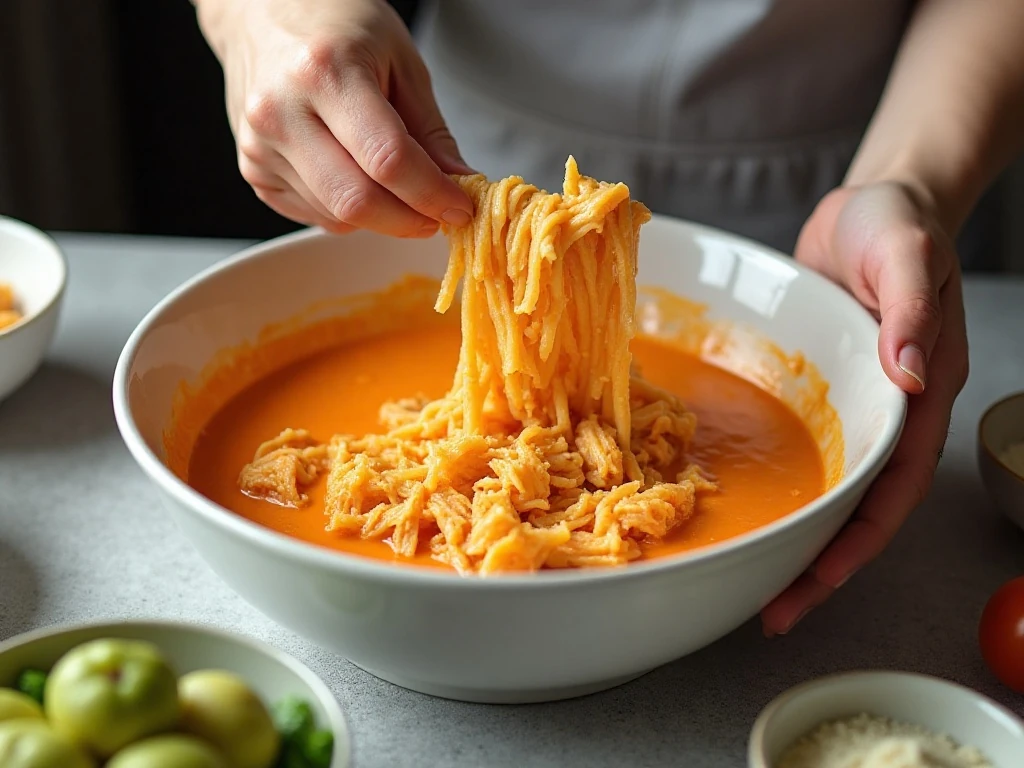 Mixing pasta and chicken into creamy Buffalo sauce