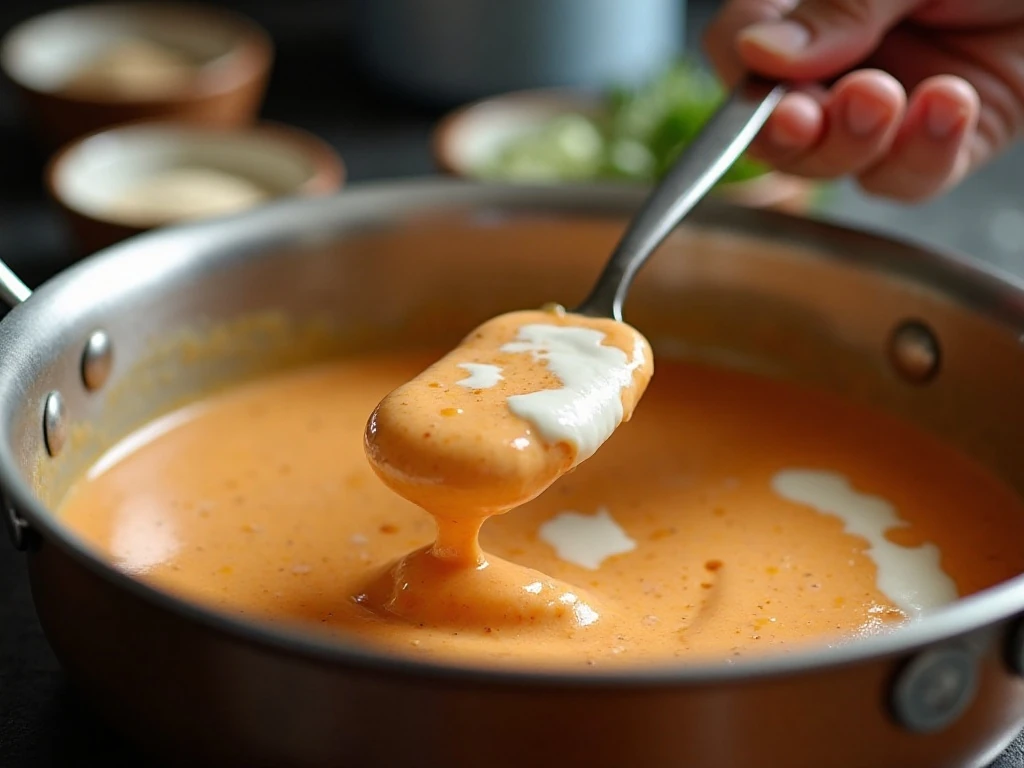 Stirring smooth creamy Buffalo pasta sauce