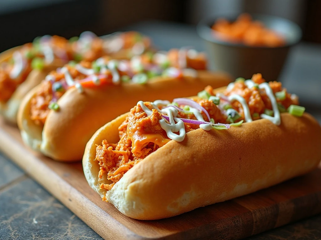 Finished buffalo chicken sub sandwiches with melted cheese and ranch