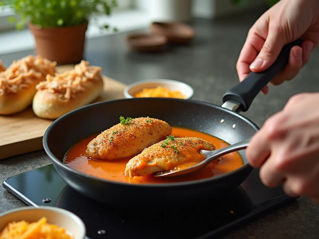 Cooking chicken and preparing buffalo sauce for subs