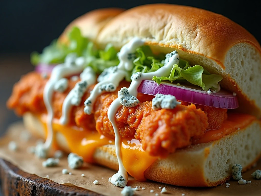 Buffalo chicken sub topped with ranch, blue cheese, and fresh vegetables