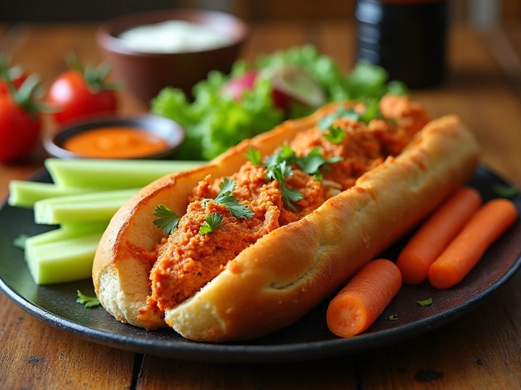 Buffalo chicken subs served with vegetables and dipping sauces
