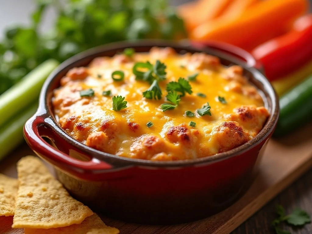 Buffalo onion ranch dip with chicken served warm with vegetables and chips