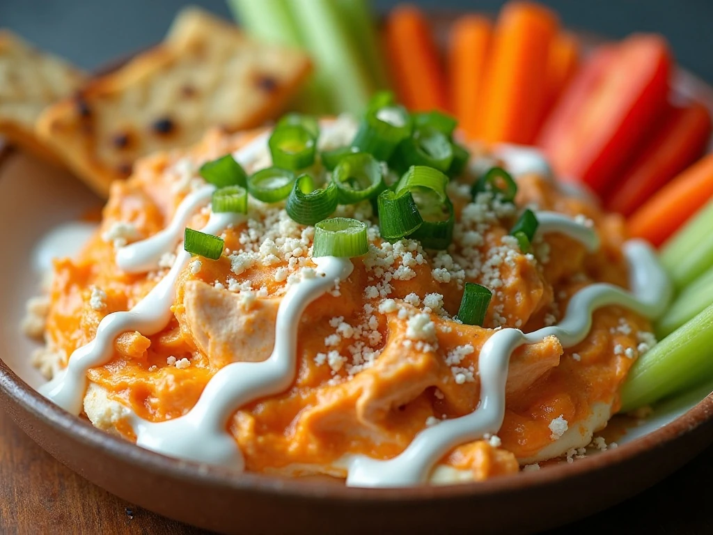 Garnished Buffalo onion ranch dip with assorted dippers