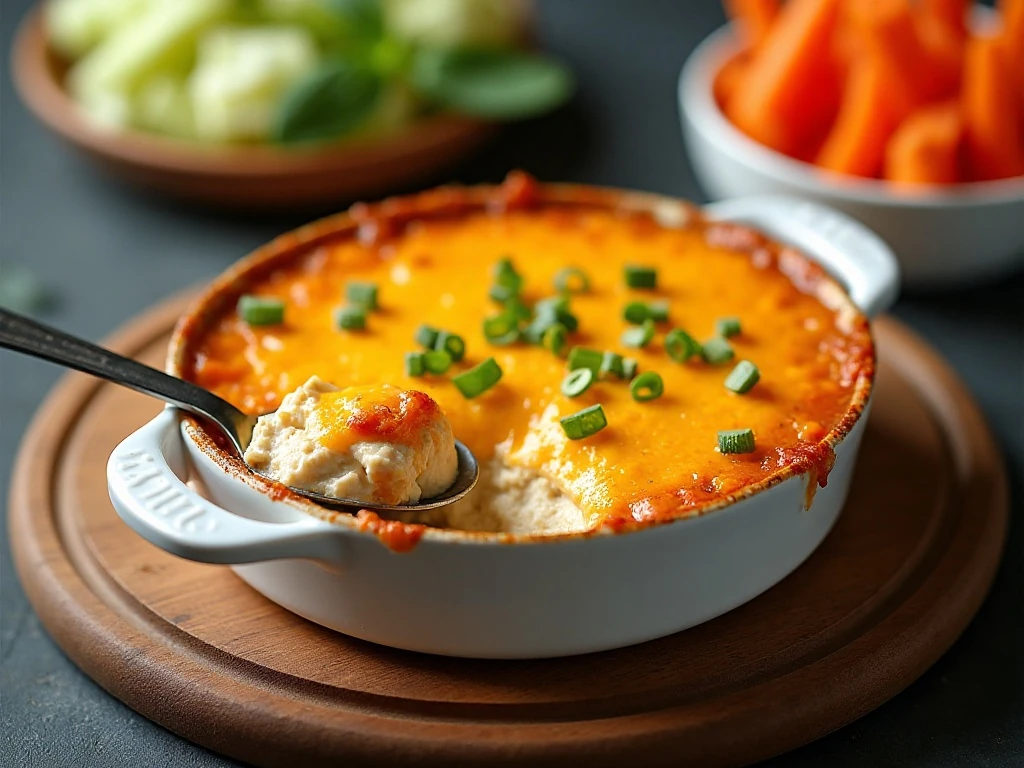 Freshly baked Buffalo chicken dip ready to serve