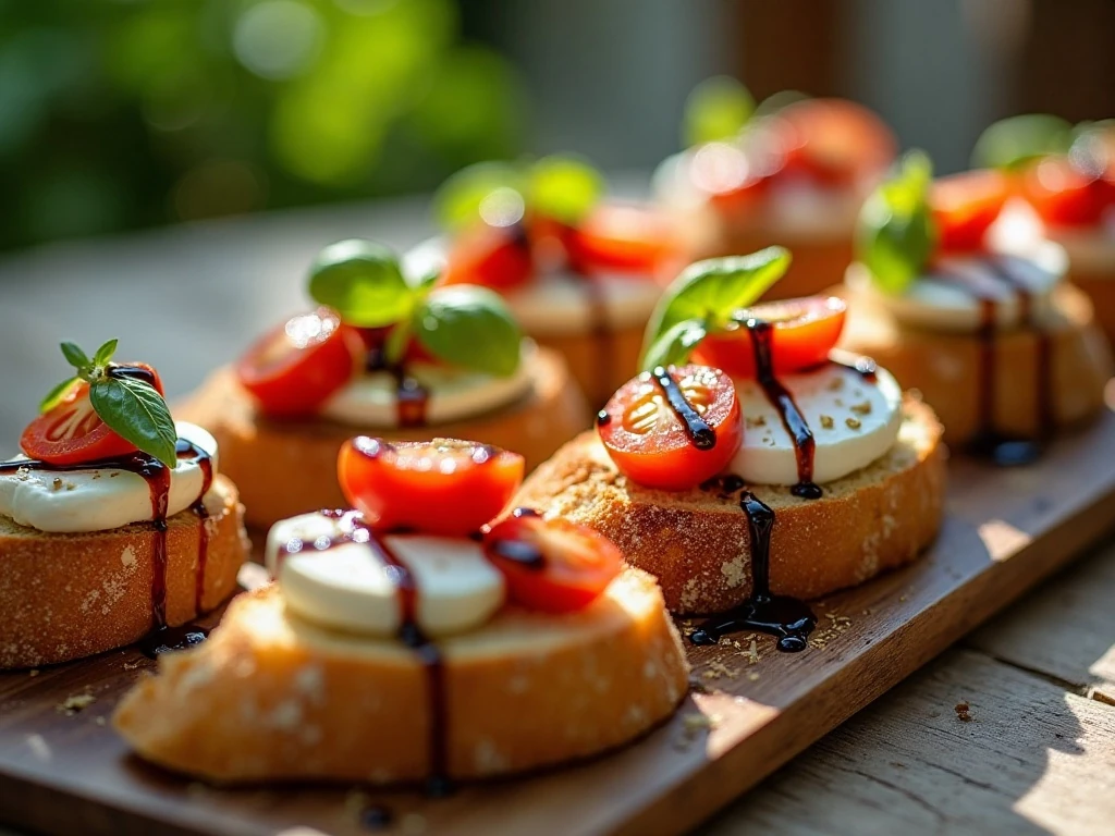 Platter of burrata bruschetta with Caprese tomato topping