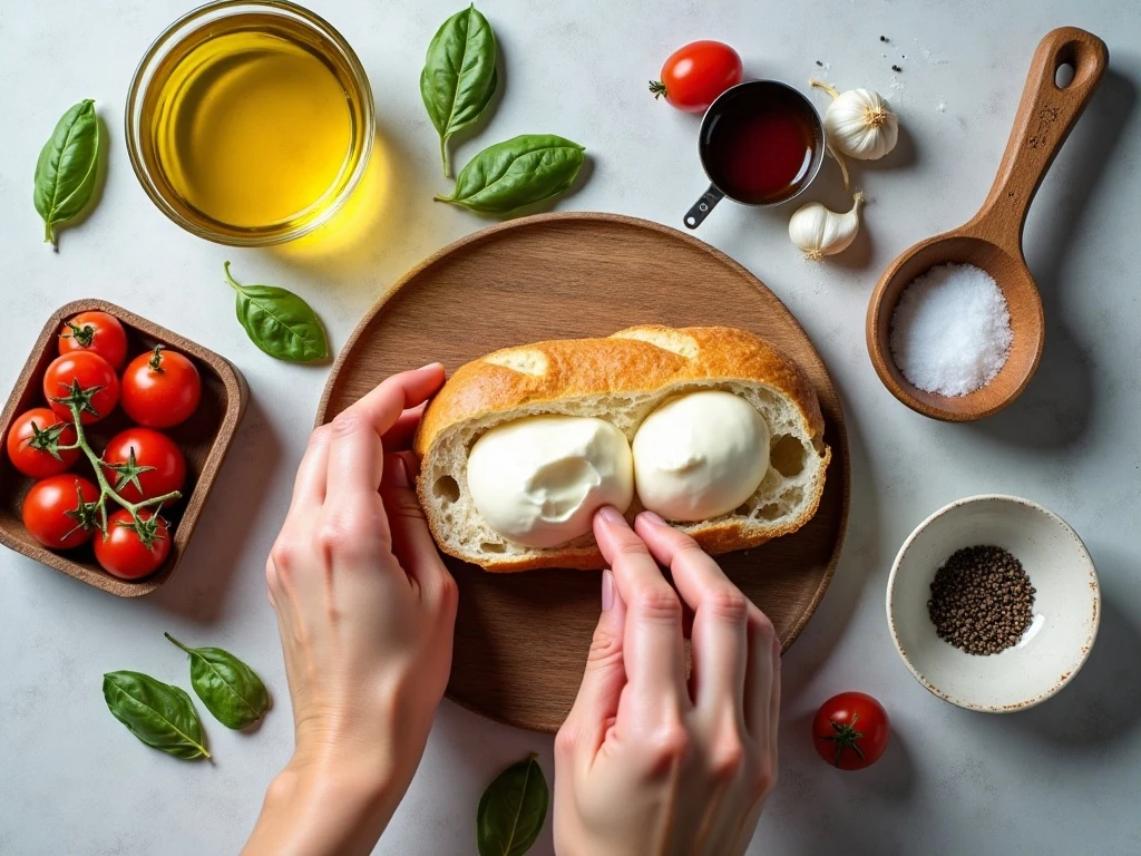 Ingredients for easy burrata bruschetta with Caprese topping