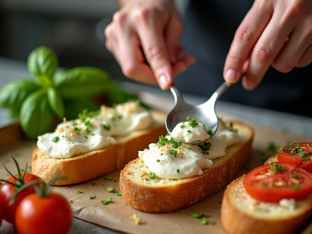 Adding burrata to toasted baguette slices for bruschetta