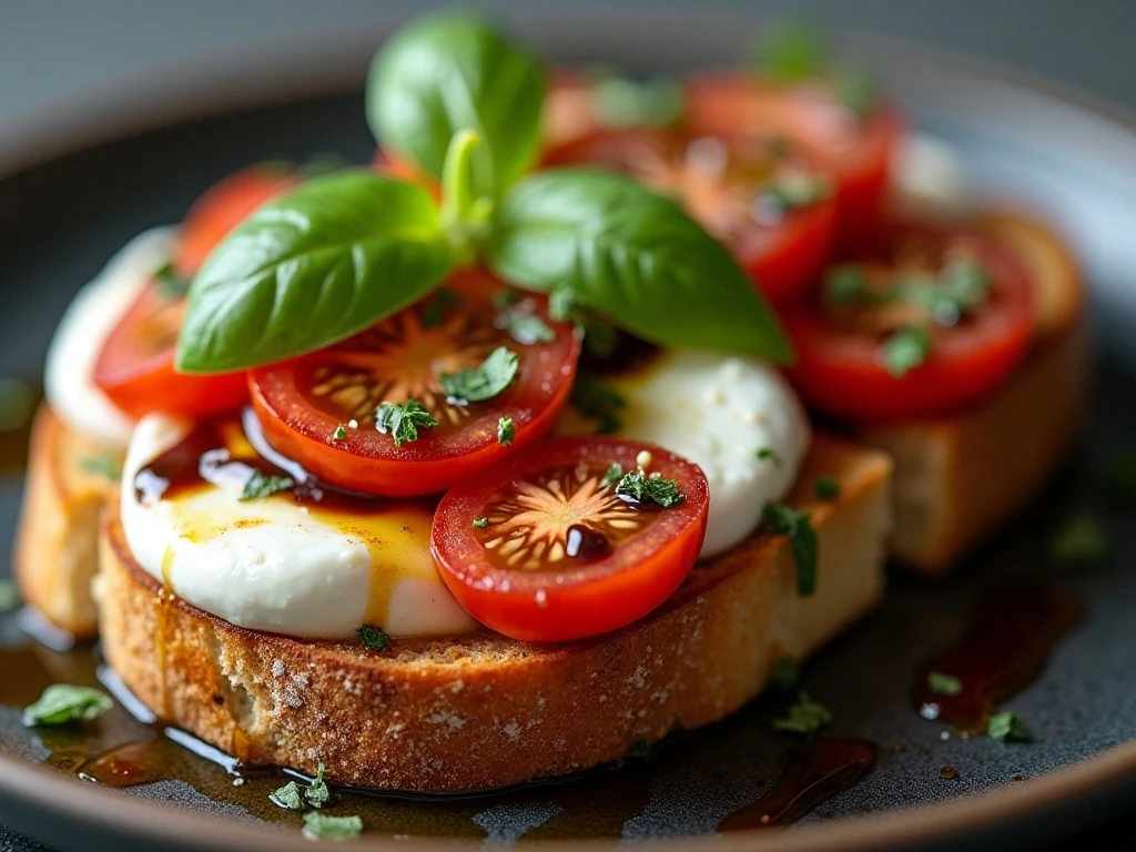 Close-up of Caprese burrata bruschetta with balsamic glaze