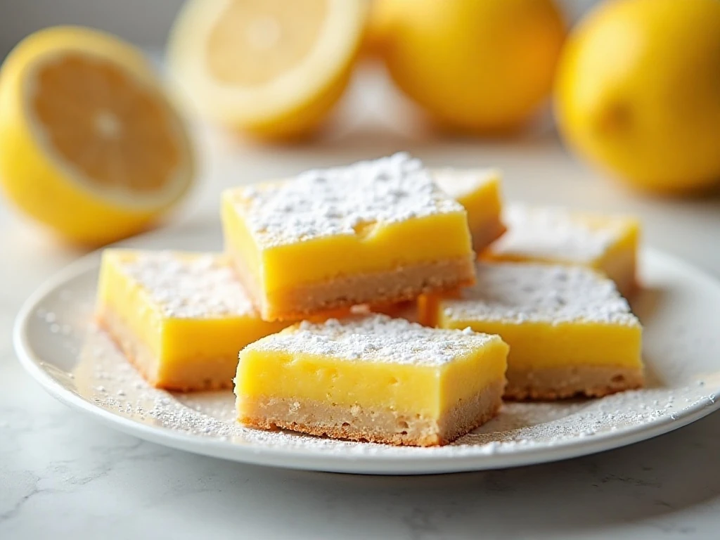 Soft 3-ingredient lemon bars dusted with confectioners’ sugar on a serving plate