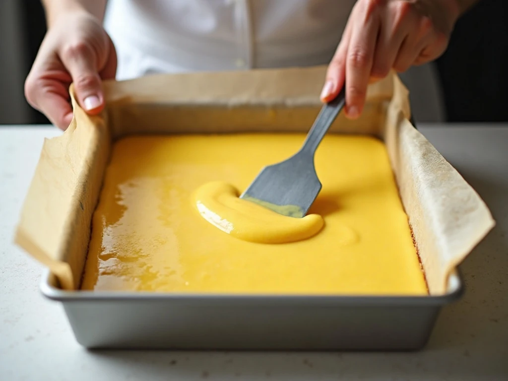 Thick lemon bar batter spread in a parchment-lined baking pan