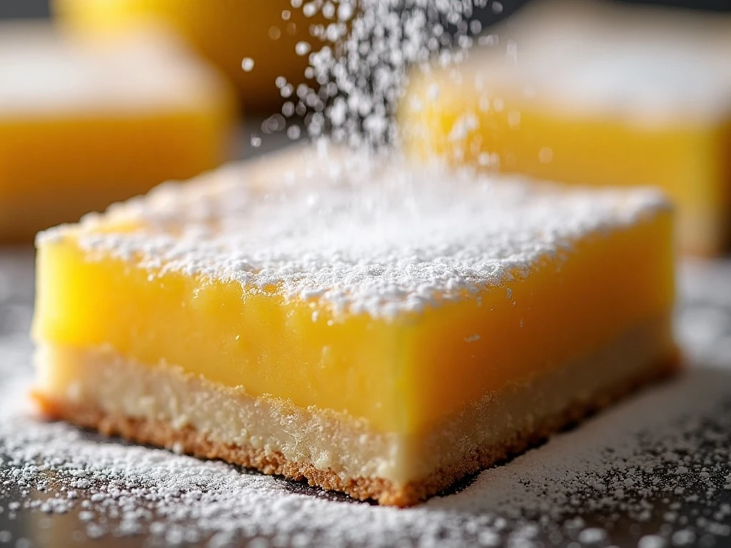 Confectioners’ sugar being dusted over cooled lemon bars