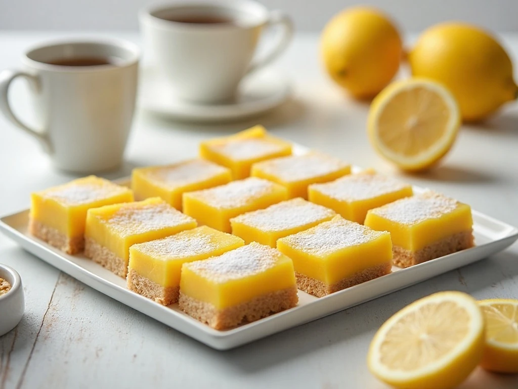 Lemon bars arranged for serving with coffee and tea