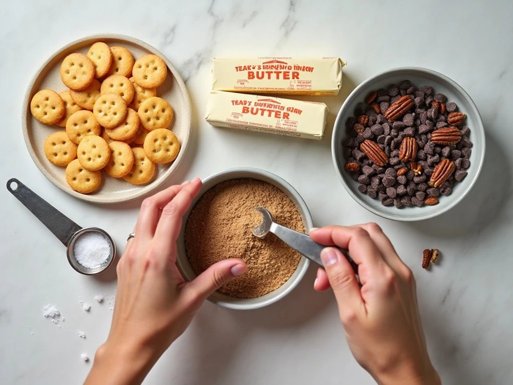 Ingredients for saltine butter brickle bark arranged beside a baking pan