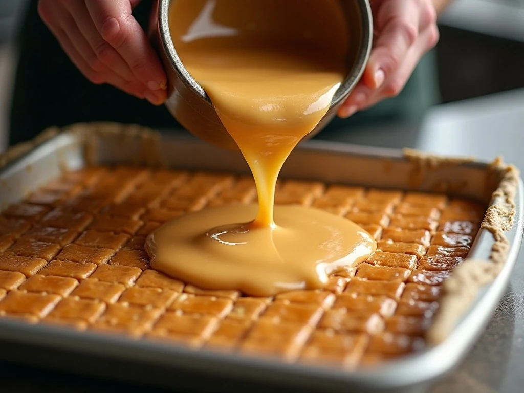 Hot butter and brown sugar toffee poured over saltine crackers