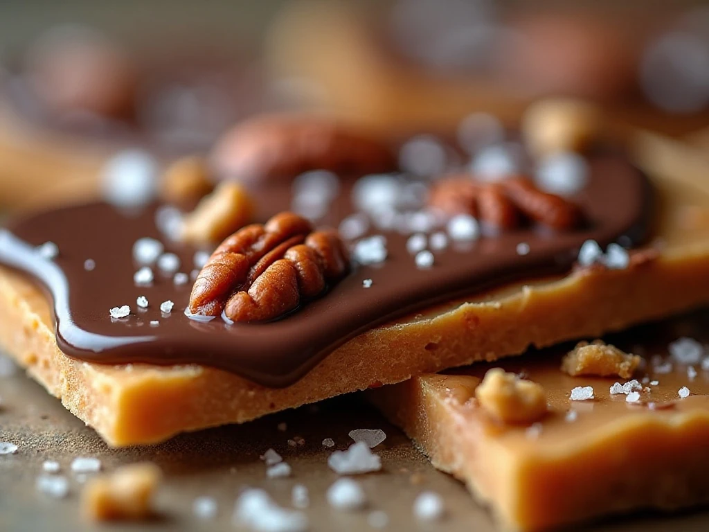 Chocolate butter brickle bark topped with chopped pecans and flaky sea salt